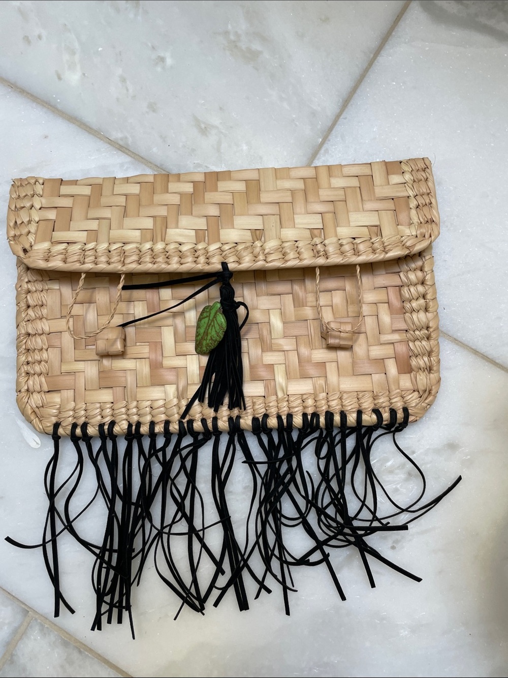 Woven Straw Clutch with Black Fringe